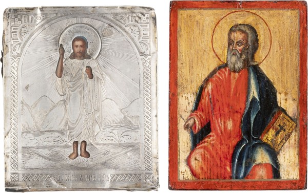 Auction 161<br>ZWEI KLEINFORMATIGE IKONEN: JOHANNES DER VORLÄUFER MIT SILBER-OKLAD UND EVANGELIST