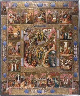 Picture GROSSFORMATIGE IKONE MIT DER HÖLLENFAHRT UND AUFERSTEHUNG CHRISTI MIT 16 HOCHFESTEN DES ORTHODOXEN KIRCHENJAHRES UND DEN VIER EVANGELISTEN