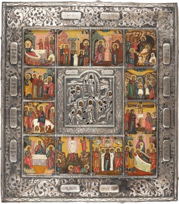 Bild IKONE MIT DER HÖLLENFAHRT UND AUFERSTEHUNG CHRISTI MIT ZWÖLF HOCHFESTEN UND SILBER-BASMA