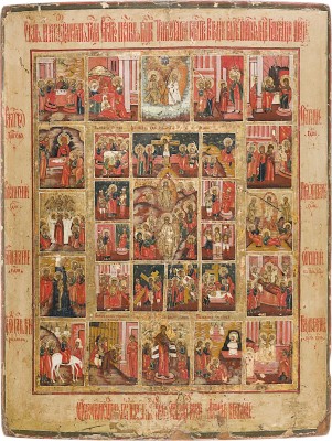 Picture GROSSFORMATIGE IKONE MIT DER HÖLLENFAHRT UND AUFERSTEHUNG, DEM PASSIONSZYKLUS UND HOCHFESTEN DES ORTHODOXEN KIRCHENJAHRES