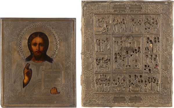 Auction 161<br>ZWEI IKONEN MIT OKLAD: CHRISTUS PANTOKRATOR UND FESTTAGSIKONE