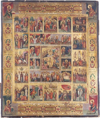 Picture FEINE IKONE MIT DER HÖLLENFAHRT UND AUFERSTEHUNG CHRISTI MIT DER PASSION CHRISTI, 16 HOCHFESTEN UND DEN VIER EVANGELISTEN