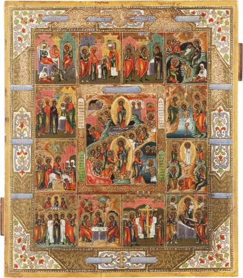 Picture IKONE MIT DER HÖLLENFAHRT UND AUFERSTEHUNG MIT ZWÖLF HOCHFESTEN DES ORTHODOXEN KIRCHENJAHRES