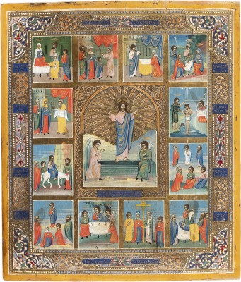 Bild IKONE MIT DER AUFERSTEHUNG CHRISTI UND ZWÖLF HOCHFESTEN