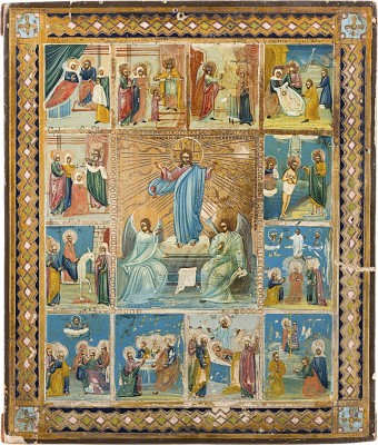 Bild IKONE MIT DER AUFERSTEHUNG CHRISTI UND ZWÖLF HOCHFESTEN DES ORTHODOXEN KIRCHENJAHRES