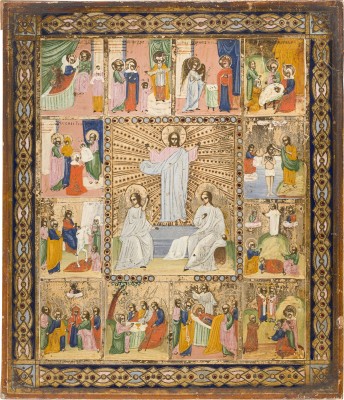 Bild IKONE MIT DER AUFERSTEHUNG CHRISTI UND ZWÖLF HOCHFESTEN