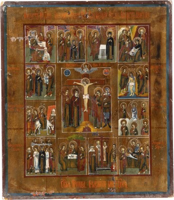 Bild IKONE MIT DER KREUZIGUNG CHRISTI UND ZWÖLF HOCHFESTEN DES ORTHODOXEN KIRCHENJAHRES