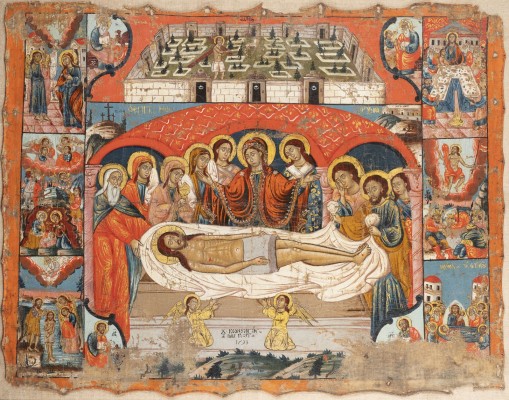 Auktion 161<br>MONUMENTALE SIGNIERTE UND DATIERTE IKONE MIT DER GRABLEGUNG CHRISTI