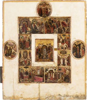 Auktion 161<br>SEHR FEINE UND GROSSFORMATIGE IKONE MIT DER HÖLLENFAHRT CHRISTI, ZWÖLF HOCHFESTEN DES ORTHODOXEN KIRCHENJAHRES, DER KREUZIGUNG, DER ERWECKUNG DES LAZARUS UND DER TAUFE CHRISTI