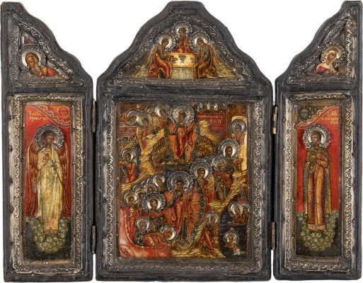 Bild FEINES TRIPTYCHON MIT DER HÖLLENFAHRT UND AUFERSTEHUNG CHRISTI FLANKIERT VON DEM SCHUTZENGEL UND DEM HELIGEN PANTELEIMON