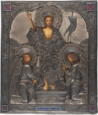 Bild SEHR FEINE IKONE MIT DER AUFERSTEHUNG CHRISTI MIT FILIGRANEM CHAMPLEVÉ-EMAIL-OKLAD