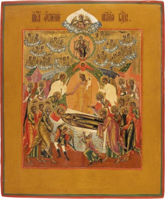Auktion 161<br>DATIERTE IKONE MIT DEM ENTSCHLAFEN DER GOTTESMUTTER (KOIMESIS) MIT DER ANKUNFT DER APOSTEL