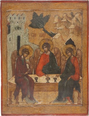 Bild MONUMENTALE IKONE MIT DER ALTTESTAMENTLICHEN DREIFALTIGKEIT AUS EINER KIRCHEN-IKONOSTASE