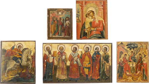 Auction 161<br>FÜNF IKONENFRAGMENTE MIT DER ALTTESTAMENTLICHEN DREIFALTIGKEIT, GNADENBILDERN DER GOTTESMUTTER UND HEILIGEN