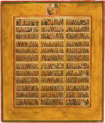 Bild SEHR FEINE IKONE MIT DER HÖLLENFAHRT CHRISTI UND DEN HEILIGEN DES GANZEN JAHRES (JAHRESIKONE)
