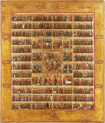 Auction 161<br>GROSSFORMATIGE IKONE MIT DER HÖLLENFAHRT UND AUFERSTEHUNG CHRISTI, DEM PASSIONSZYKLUS UND DEN MONATEN DES LITURGISCHEN JAHRES