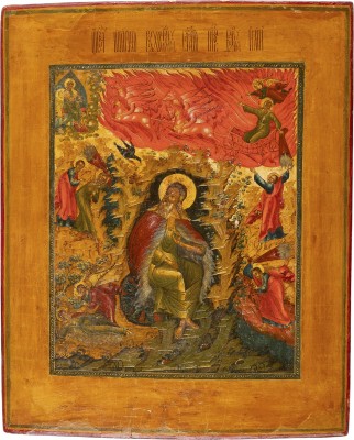 Bild IKONE MIT DEM PROPHETEN ELIAS, SEINEM LEBEN IN DER WÜSTE UND SEINER FEURIGEN HIMMELFAHRT