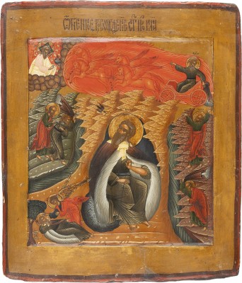 Picture FEINE IKONE MIT DEM PROPHETEN ELIAS, SEINEM LEBEN IN DER WÜSTE UND SEINER FEURIGEN HIMMELFAHRT