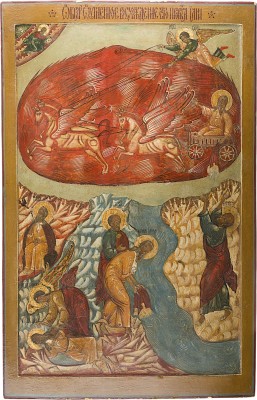 Bild MONUMENTALE IKONE MIT DEM PROPHETEN ELIAS UND SEINE FEURIGE HIMMELFAHRT AUS EINER KIRCHEN-IKONOSTASE