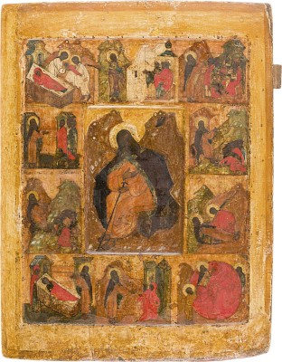 Auction 161<br>SEHR SELTENE UND GROSSFORMATIGE VITA-IKONE MIT DEM PROPHETEN ELIAS, SEINEM LEBEN UND SEINER FEURIGEN HIMMELFAHRT