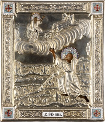 Auction 161<br>DATIERTE UND SIGNIERTE IKONE MIT DER FEURIGEN HIMMELFAHRT DES PROPHETEN ELIAS MIT VERMEIL-CLOISONNÉ-EMAIL-OKLAD