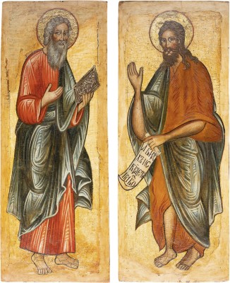 Auktion 161<br>ZWEI MONUMENTALE IKONEN AUS EINER KIRCHEN-IKONOSTASE: EVANGELIST MATTHÄUS UND JOHANNES DER VORLÄUFER
