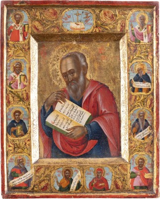 Bild SEHR FEINE IKONE MIT DEM EVANGELISTEN JOHANNES UND AUSGEWÄHLTEN HEILIGEN