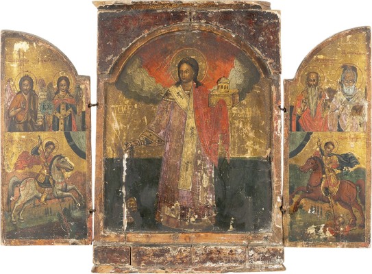 Picture GROSSES TRIPTYCHON MIT DEM HEILIGEN STEPHANUS UND AUSGEWÄHLTEN HEILIGEN