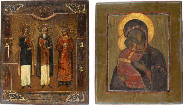 Auktion 161<br>ZWEI IKONEN: DIE HEILIGEN SAMON, GURIJ UND AVIV UND DIE GOTTESMUTTER VON WLADIMIR (WLADIMIRSKAJA)