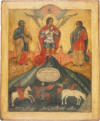 Bild MONUMENTALE IKONE MIT DEN HEILIGEN FLORUS UND LAURUS AUS EINER KIRCHEN-IKONOSTASE