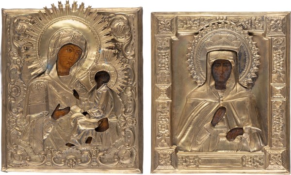 Auktion 161<br>ZWEI IKONEN MIT OKLAD: GOTTESMUTTER VON TICHWIN (TICHWINSKAJA) UND HEILIGE PARASKEWA