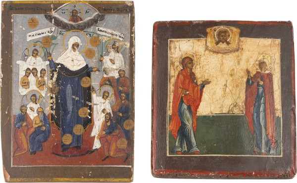 Auction 161<br>ZWEI MINIATUR-IKONEN: ZWEI HEILIGE UND DIE GOTTESMUTTER 'FREUDE ALLER LEIDENDEN' MIT DEN MÜNZEN