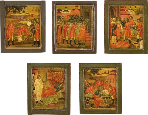 Auction 161<br>FÜNF SEHR FEINE FRAGMENTE EINER VITA-IKONE DES HEILIGEN BONIFATIUS