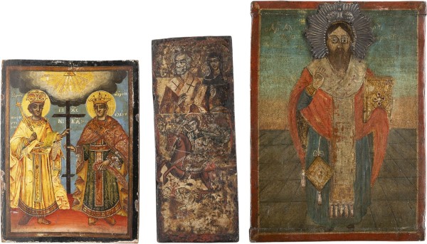 Auction 161<br>ZWEI KLEINE IKONEN UND FLÜGEL EINES TRIPTYCHONS MIT AUSGEWÄHLTEN HEILIGEN