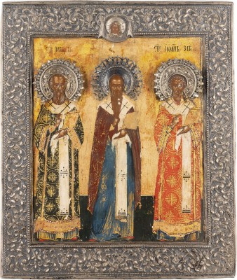 Picture IKONE MIT DEN DREI HEILIGEN HIERARCHEN BASILIOS DEM GROSSEN, GREGORIOS DEM THEOLOGEN UND JOHANNES CHRYSOSTOMUS MIT VERMEIL-BASMA