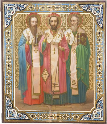 Bild GROSSFORMATIGE IKONE MIT DEN DREI KIRCHENVÄTERN GREGOR DEM THEOLOGEN, JOHANNES CHRYSOSTOMUS UND BASILIUS DEM GROSSEN
