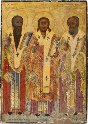 Auktion 161<br>GROSSE DATIERTE IKONE MIT DEN DREI ORTHODOXEN KIRCHENVÄTERN