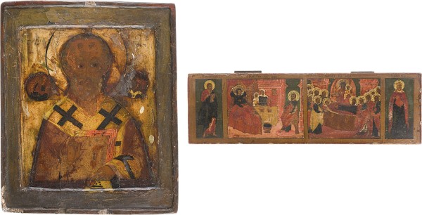 Auction 161<br>IKONE MIT DEM HEILIGEN NIKOLAUS VON MYRA UND IKONEN-FRAGMENT MIT DER GEBURT UND ENTSCHLAFEN DER GOTTESMUTTER