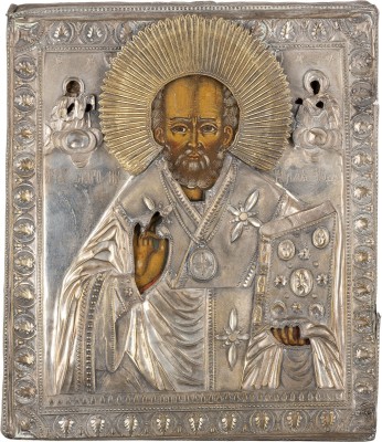 Auktion 161<br>IKONE MIT DEM HEILIGEN NIKOLAUS VON MYRA MIT OKLAD
