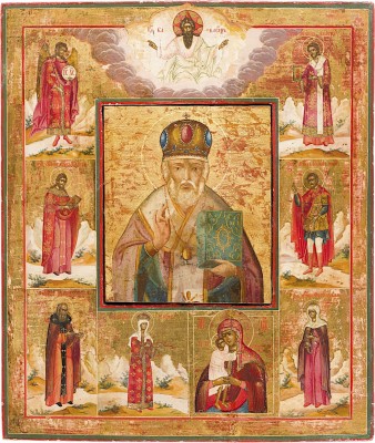 Picture GROSSFORMATIGE IKONE MIT DEM HEILIGEN NIKOLAUS ENTOURIERT VON DER GOTTESMUTTER UND AUSGEWÄHLTEN HEILIGEN