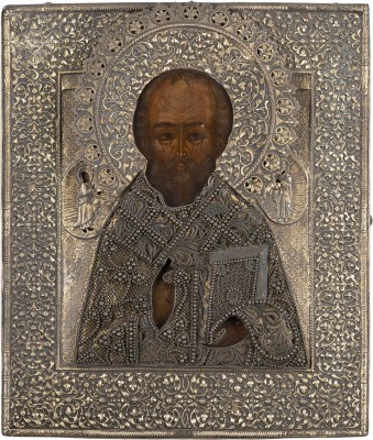 Auktion 161<br>FEINE IKONE MIT DEM HEILIGEN NIKOLAUS VON MYRA MIT FILIGRAN-VERMEIL-OKLAD
