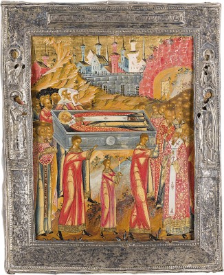 Picture ÄUSSERST SELTENE IKONE MIT DER ÜBERFÜHURNG DER GEBEINE DES HEILIGEN NIKOLAUS VON MYRA NACH BARI MIT BASMA