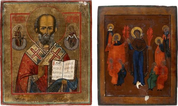 Auction 161<br>ZWEI IKONEN: GOTTESMUTTER 'FREUDE ALLER LEIDENDEN' UND HEILIGER NIKOLAUS VON MYRA