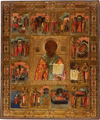 Auction 161<br>GROSSFORMATIGE VITA-IKONE MIT DEM HEILIGEN NIKOLAUS VON MYRA MIT ZWÖLF SZENEN