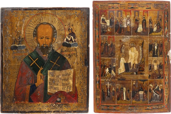 Auktion 161<br>ZWEI GROSSFORMATIGE IKONEN: HEILIGER NIKOLAUS VON MYRA UND FESTTAGSIKONE