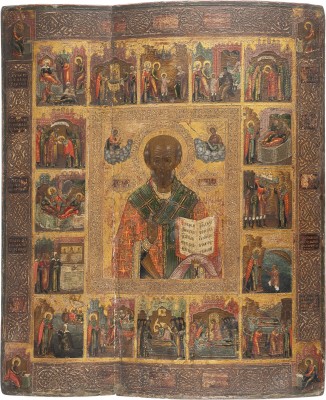 Picture GROSSFORMATIGE VITA-IKONE MIT DEM HEILIGEN NIKOLAUS VON MYRA MIT 16 SZENEN SEINES LEBENS MIT DEN VIER EVANGELISTEN