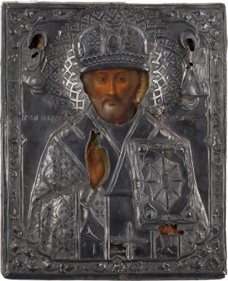 Auction 161<br>IKONE MIT DEM HEILIGEN NIKOLAUS VON MYRA MIT SILBER-OKLAD