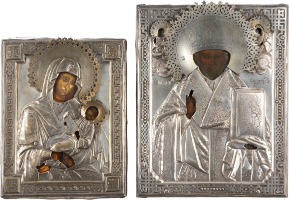 Picture ZWEI KLEINE IKONEN MIT SILBER-OKLAD: GOTTESMUTTER 'LINDERE MEINEN KUMMER' UND HEILIGER NIKOLAUS VON MYRA