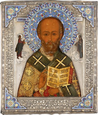 Bild FEINE IKONE MIT DEM HEILIGEN NIKOLAUS VON MYRA MIT CLOISONNÉ-EMAIL-RIZA