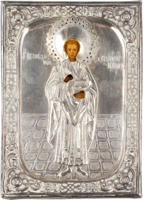 Auktion 161<br>KLEINE IKONE MIT DEM HEILIGEN PANTELEIMON MIT SILBER-OKLAD